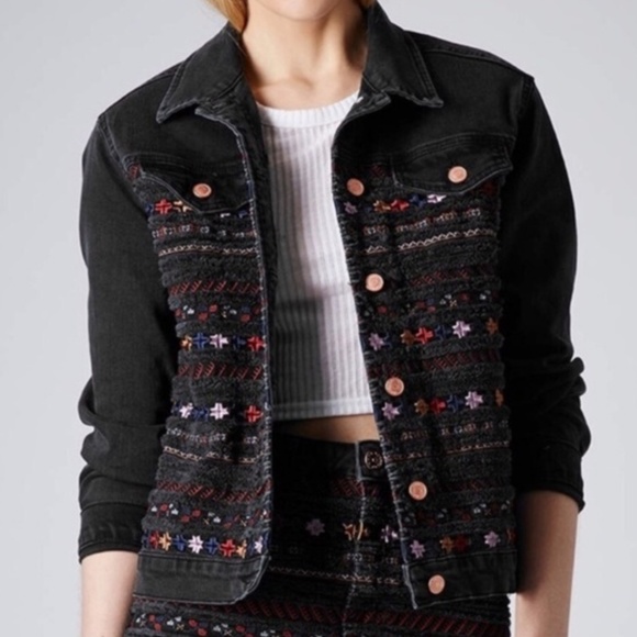Topshop Jackets & Blazers - Topshop Moto Black Embroidered Denim Jacket